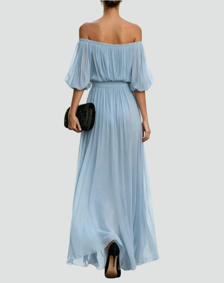 Maxi dress for a wedding with off-the-shoulder design and a pleated skirt