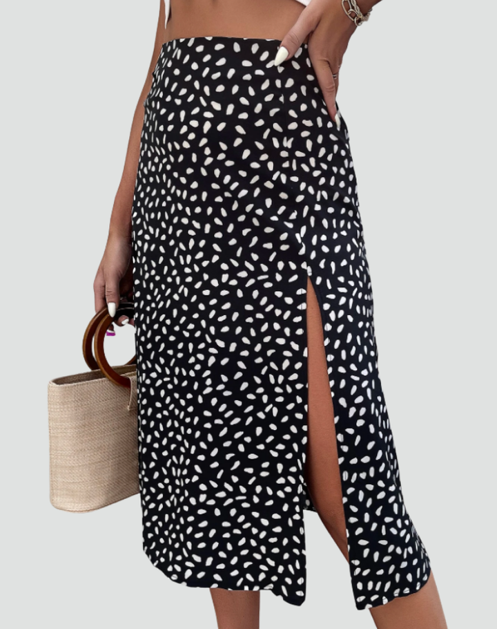 Zomerse midi wikkelrok met patronen en strikdetail