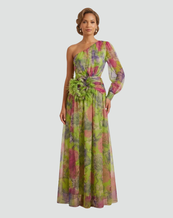 Purple one-shoulder maxi dress with floral print