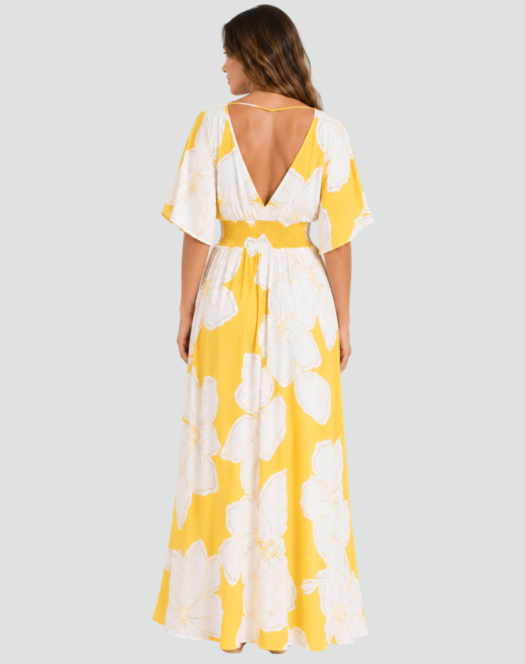 Yellow maxi dress with large flowers, kimono sleeves, and V-neckline