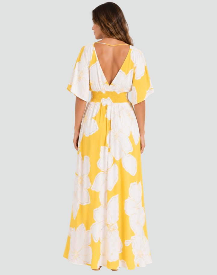 Yellow maxi dress with large flowers, kimono sleeves, and V-neckline