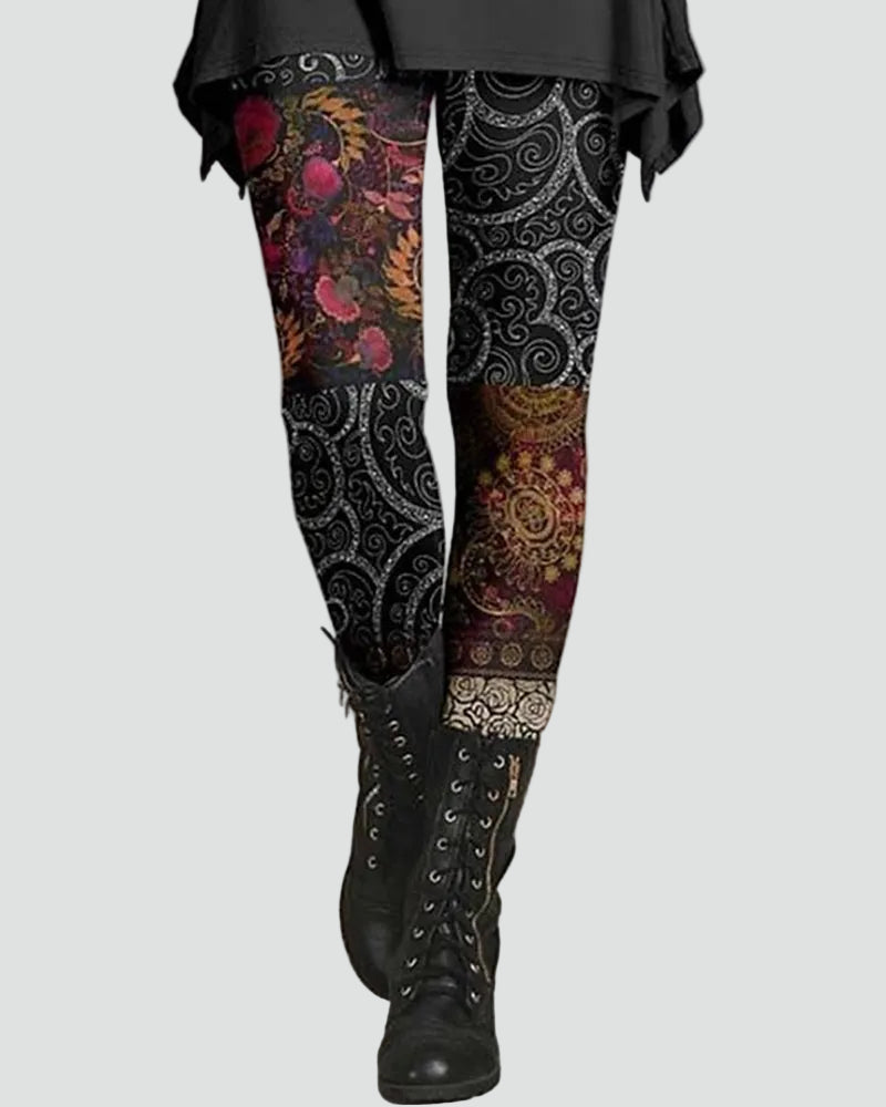 Legginsy vintage z wysokim stanem i patchworkowym printem