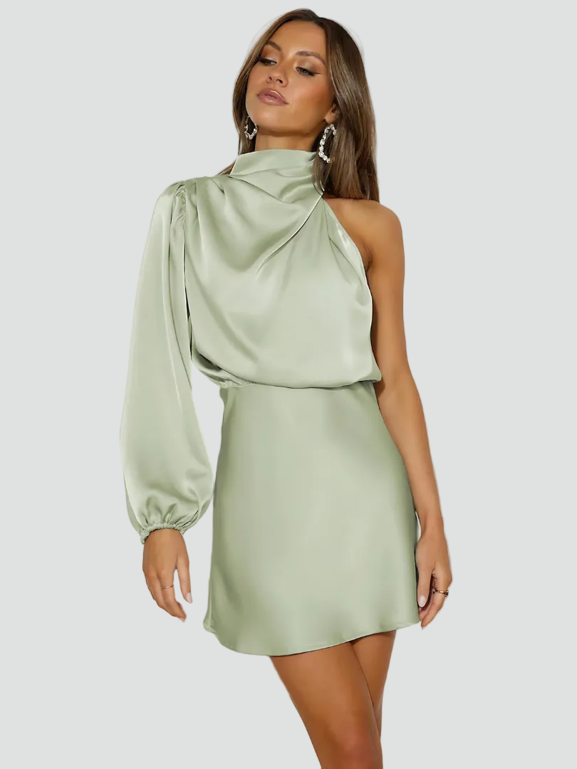 Satynowa koktajlowa sukienka mini damska na jedno ramię