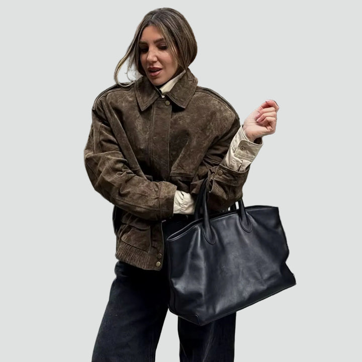 Women's oversized suede bomber jacket with zipper for everyday wear