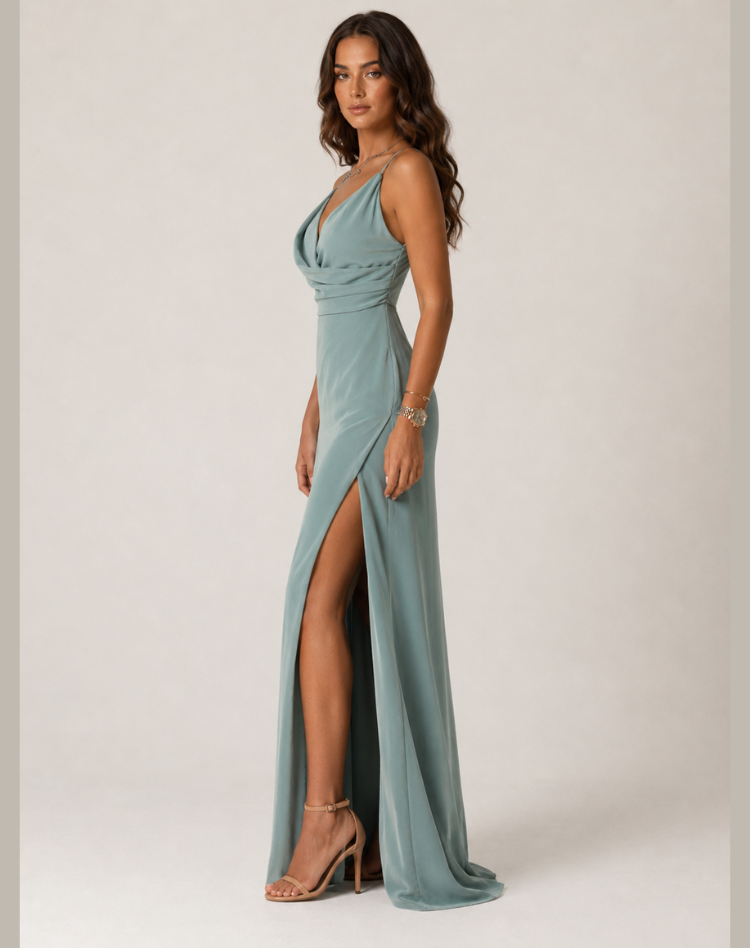 Elegant long cocktail evening dress with slit