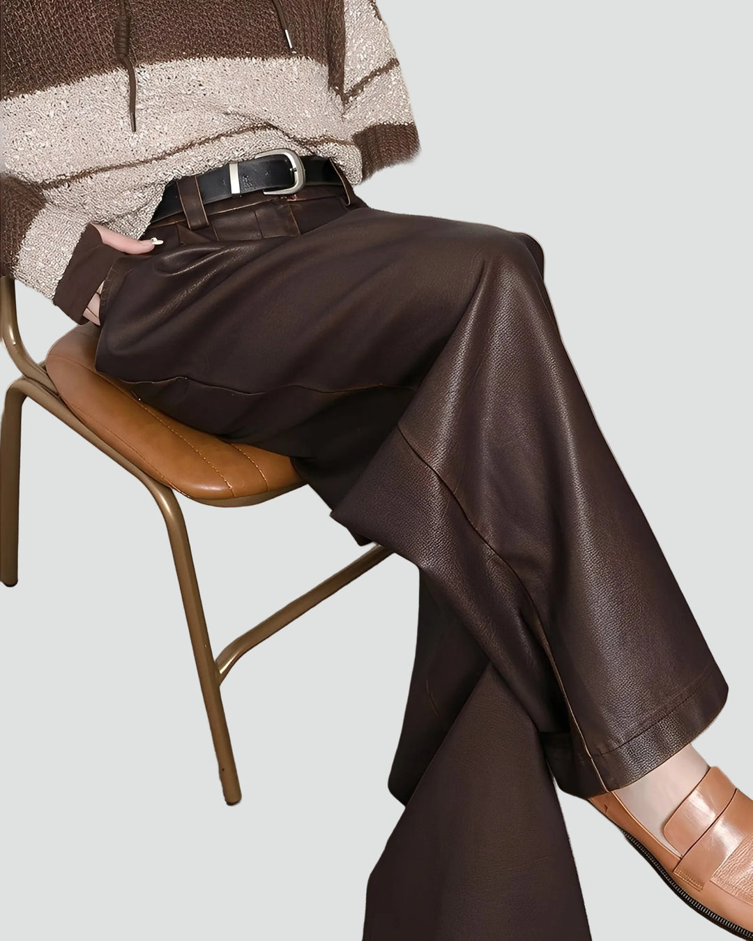 Damskie klasyczne spodnie z efektem skóry z wysokim stanem i szeroką nogawką