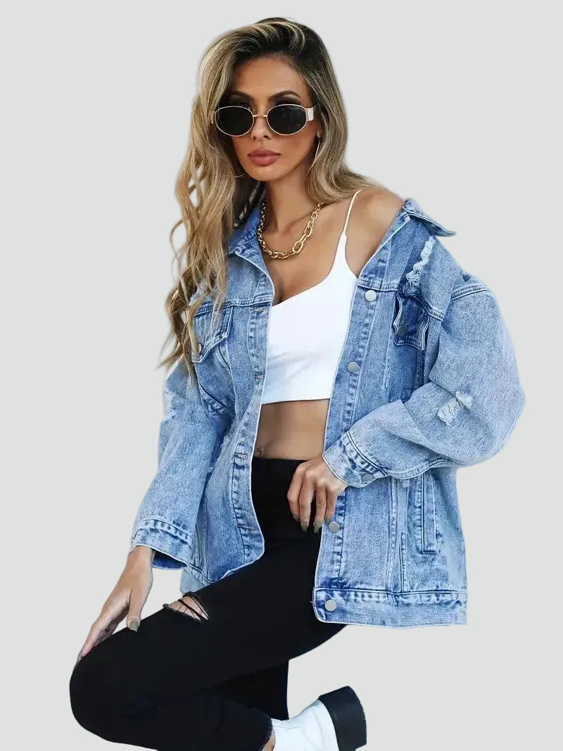 Oversized women's denim jacket with distressing for everyday wear