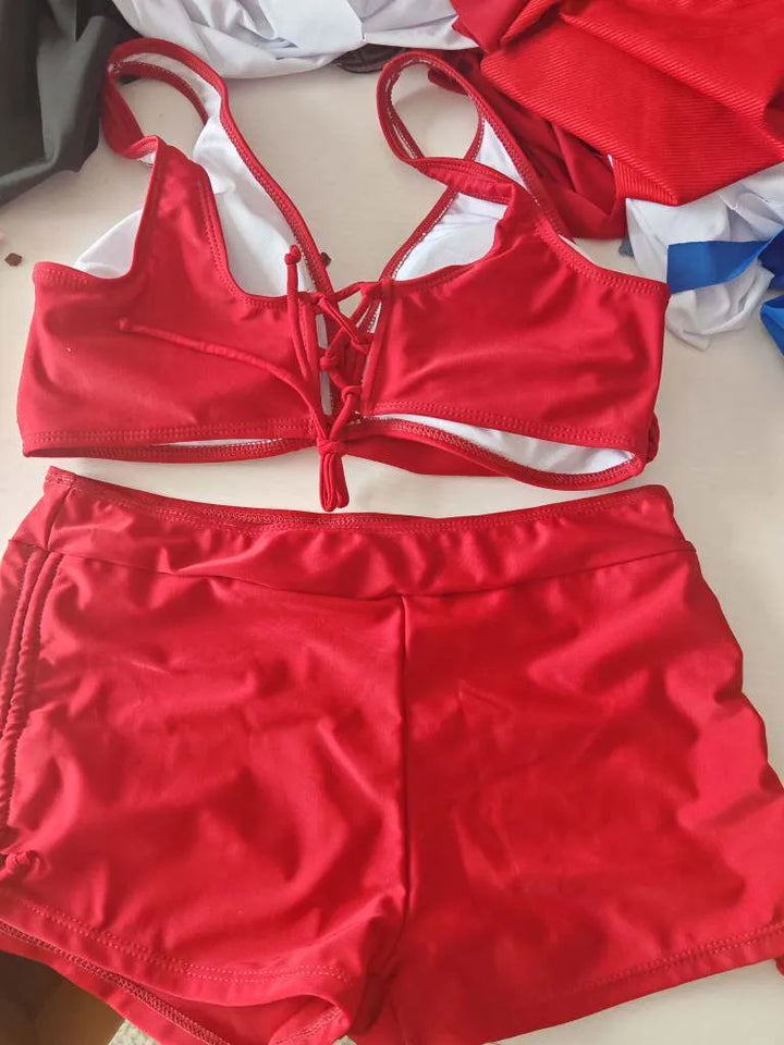 Two-piece women's swimsuit with high waist and shorts