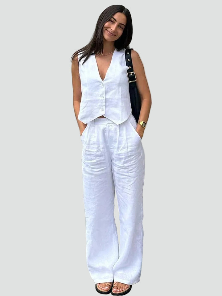 Ensemble féminin en lin avec gilet et pantalon large