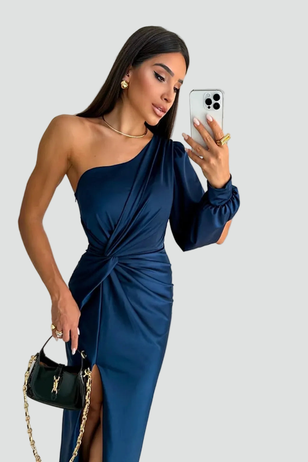 Women's one-shoulder maxi gala dress with slit and draping