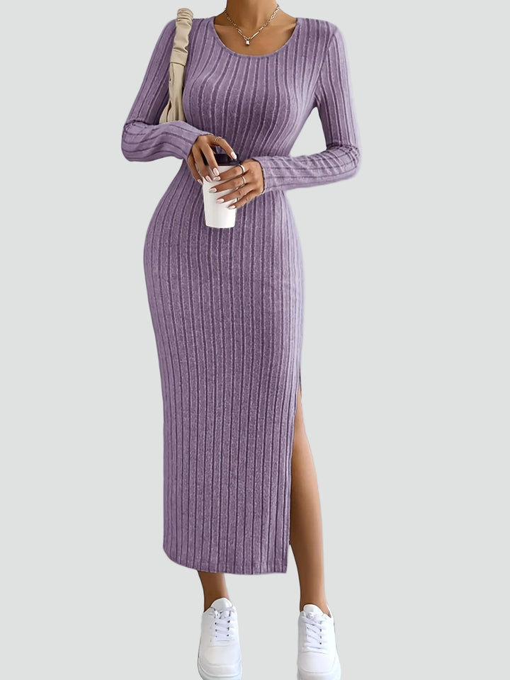 Geribbelde maxi feestjurk met split