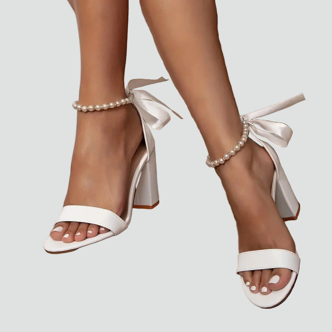 Elegant block heel sandals with pearls at the ankle