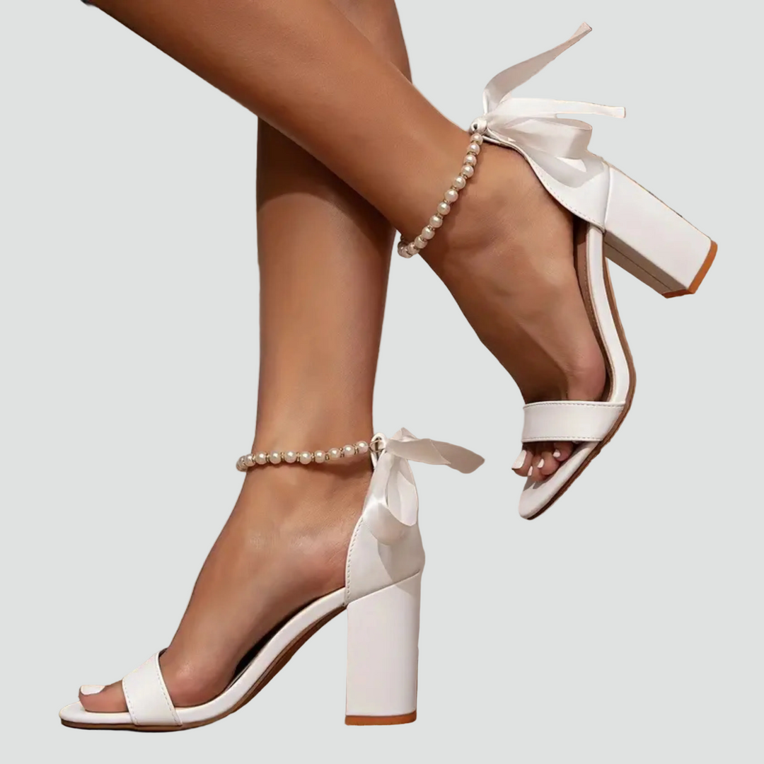 Elegant block heel sandals with pearls at the ankle
