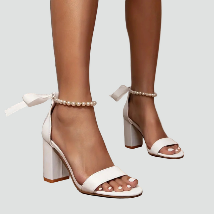Elegant block heel sandals with pearls at the ankle