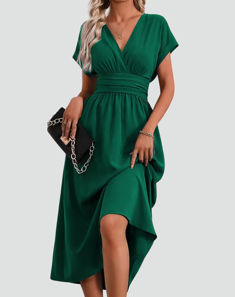 Green Midi Dress with a V-Neckline and Ruched Waist