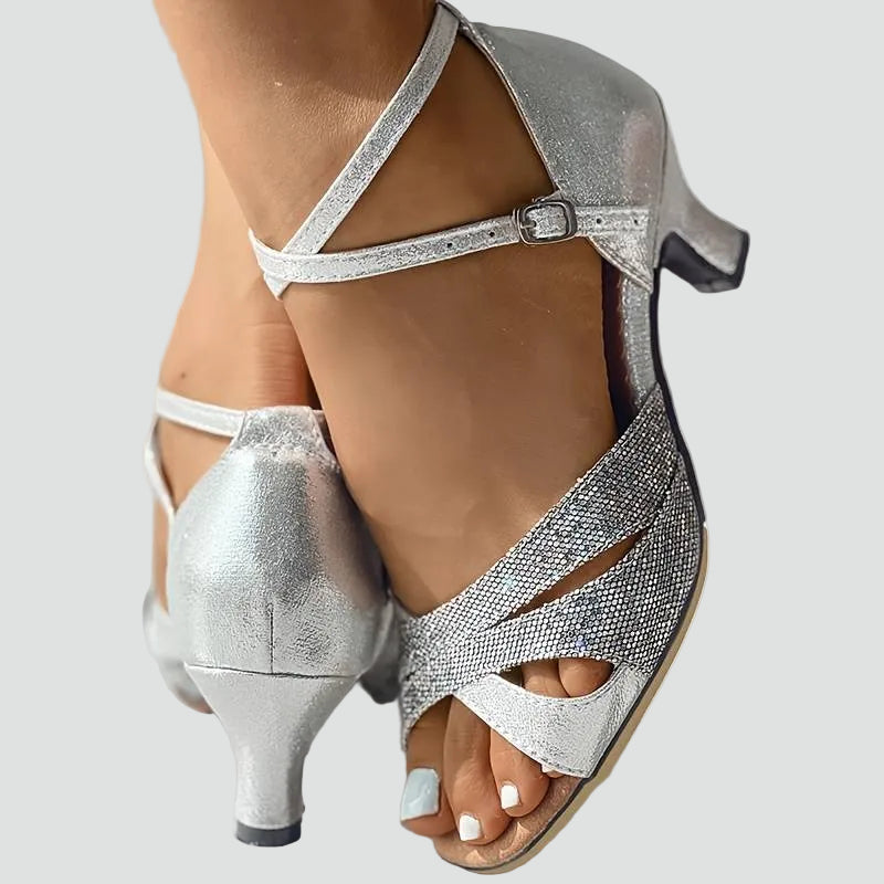 Elegant heeled sandals with rhinestones and ankle strap
