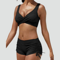 Two-piece women's swimsuit with high waist and shorts