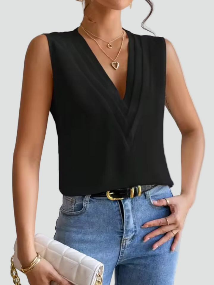 Elegant sleeveless blouse with a wrap neckline
