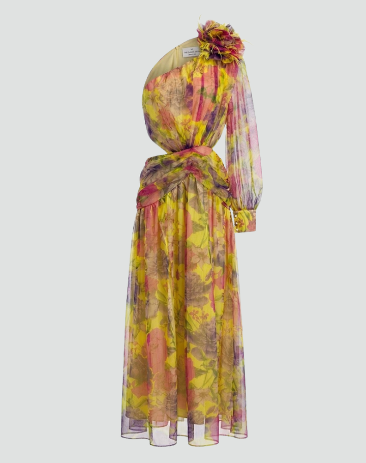 Purple one-shoulder maxi dress with floral print