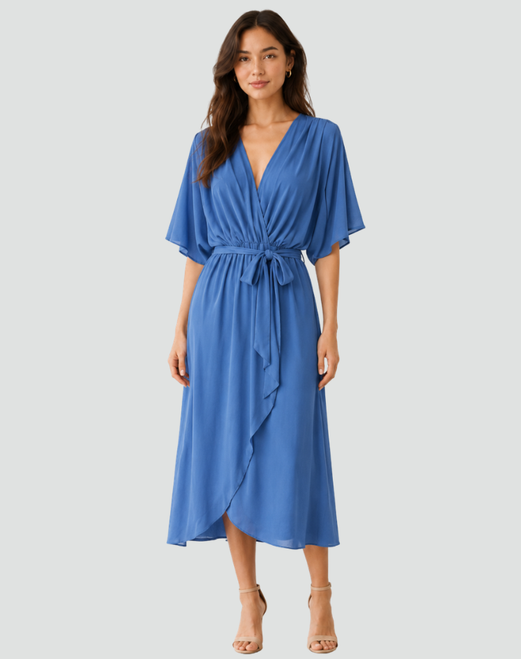 Flowy midi gala dress with a wrap neckline and tie