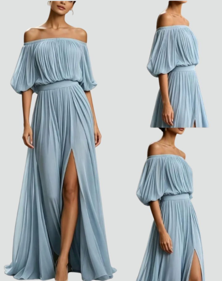 Maxi dress for a wedding with off-the-shoulder design and a pleated skirt
