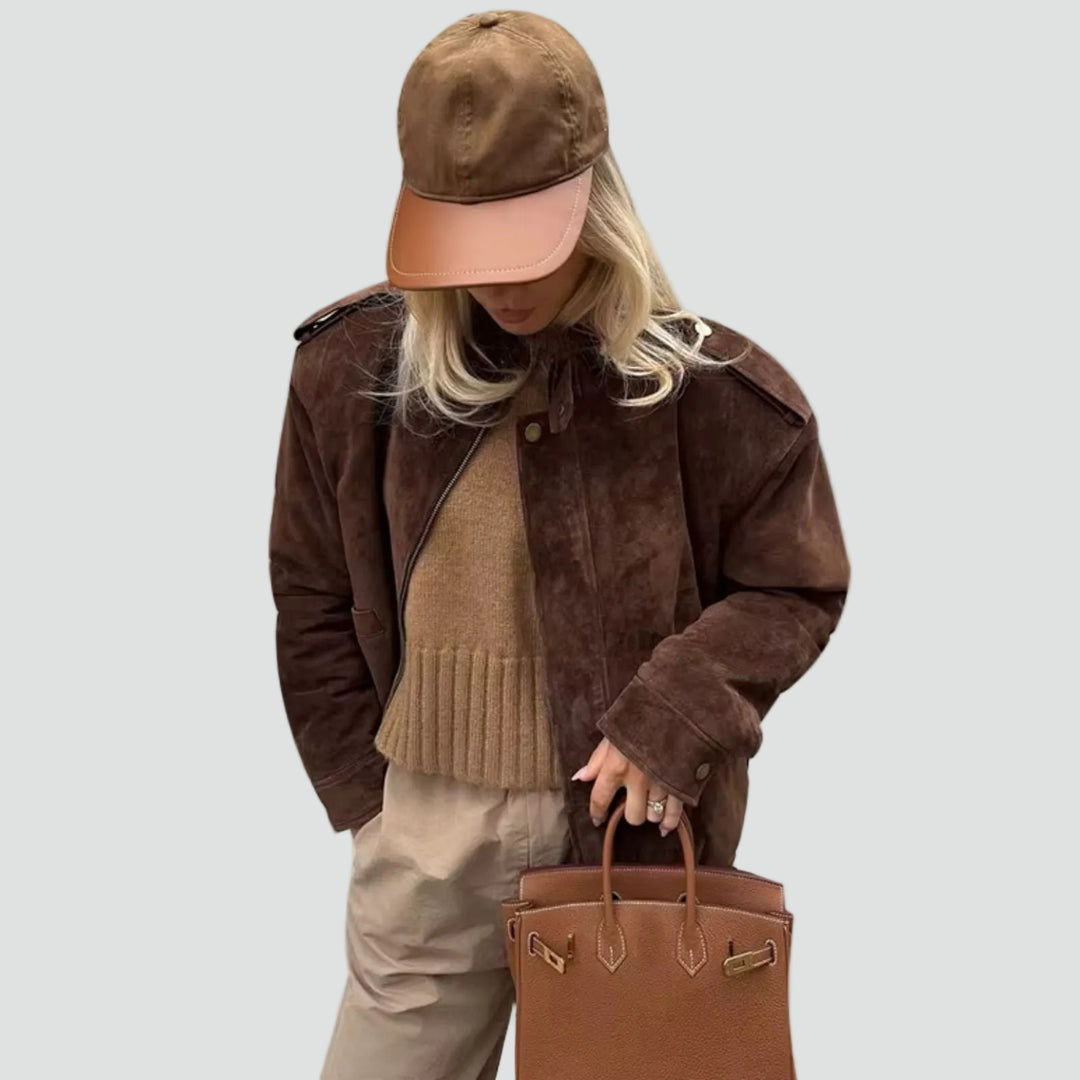 Women's oversized suede bomber jacket with zipper for everyday wear