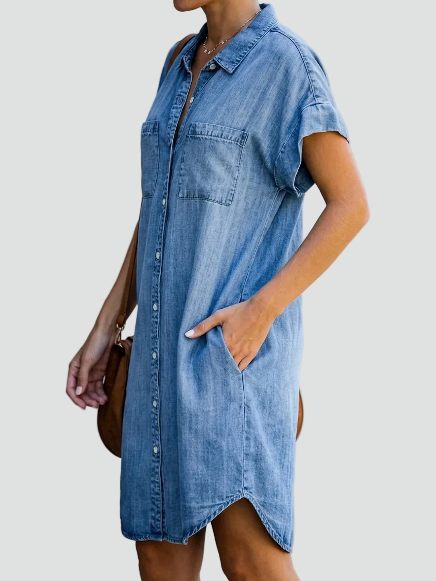 Trendy women's midi denim dress with buttons