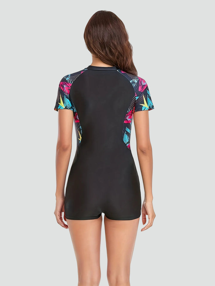 One-piece swimsuit with zipper and short sleeves