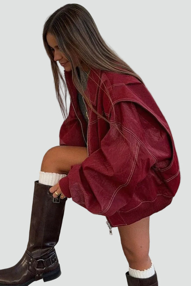 Women's oversized bomber jacket with zipper and pockets for everyday wear