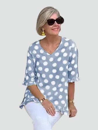 Women's loose polka dot tunic with V-neck for summer