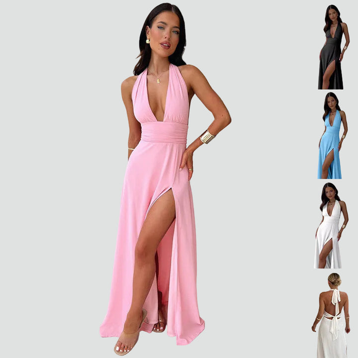 Maxi evening dress with halter slit for weddings