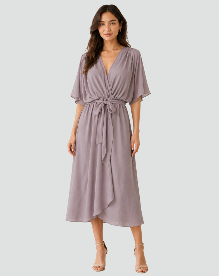 Flowy midi gala dress with a wrap neckline and tie