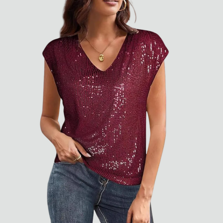 Evening sequin blouse with V-neck and short sleeves