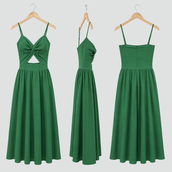 Maxi damesjurk met uitsnijding en geplooide buste
