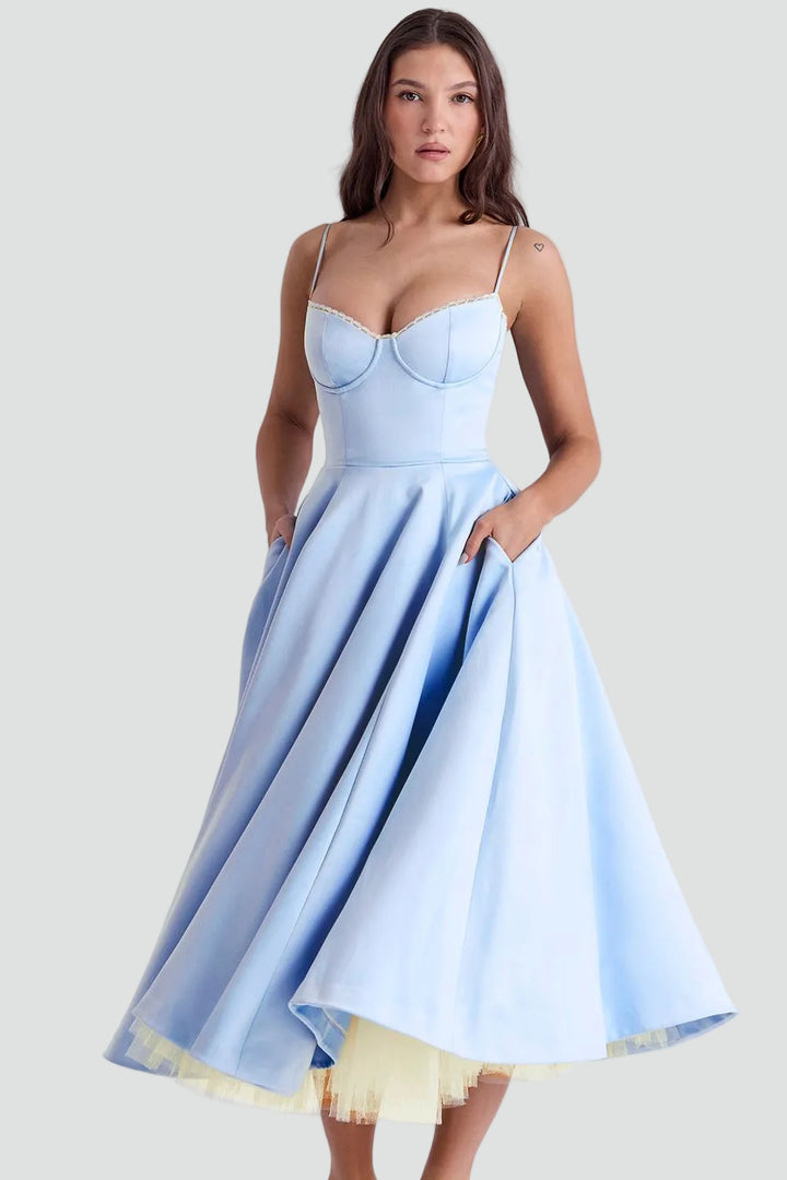 Elegancka sukienka koktajlowa midi damska z gorsetową górą