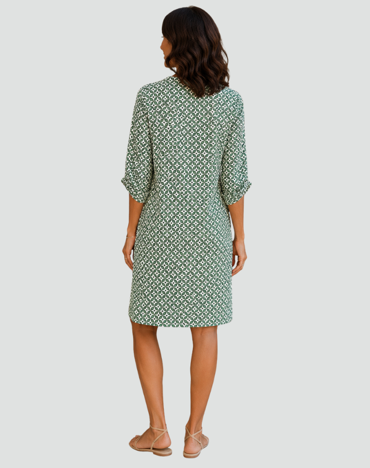Summer mini party dress with geometric pattern and 3/4 sleeve