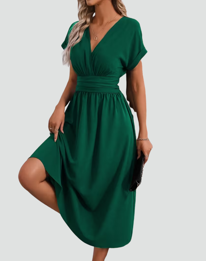Green Midi Dress with a V-Neckline and Ruched Waist