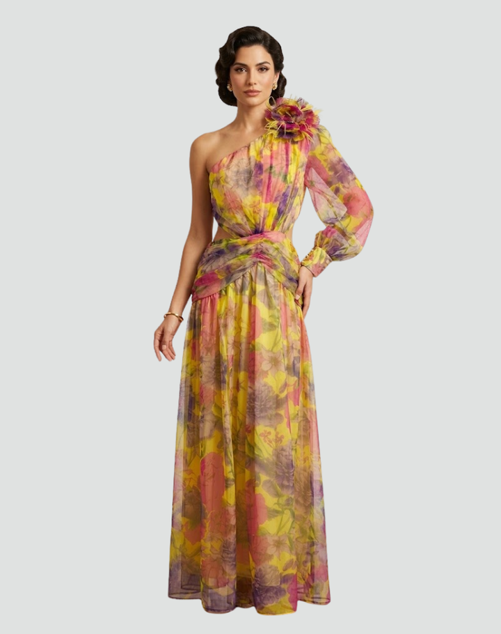 Purple one-shoulder maxi dress with floral print