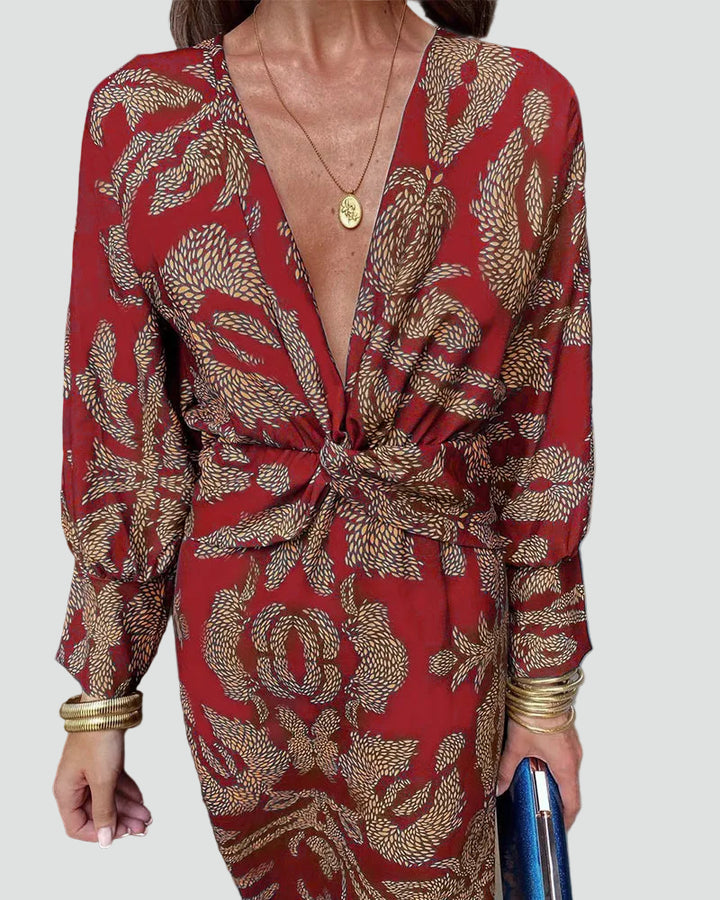 Damska sukienka midi koktajlowa kopertowa z długim rękawem