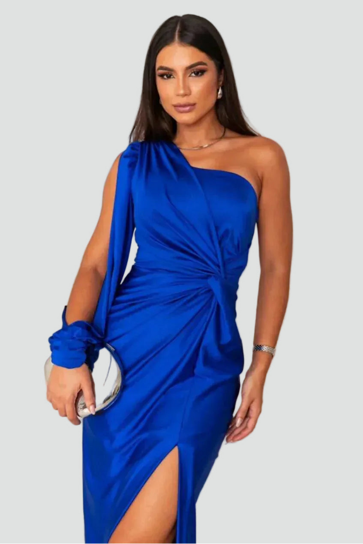 Women's one-shoulder maxi gala dress with slit and draping