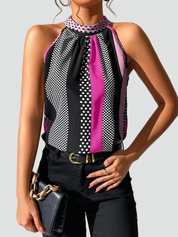 Patterned halter top with contrasting print and bare shoulders