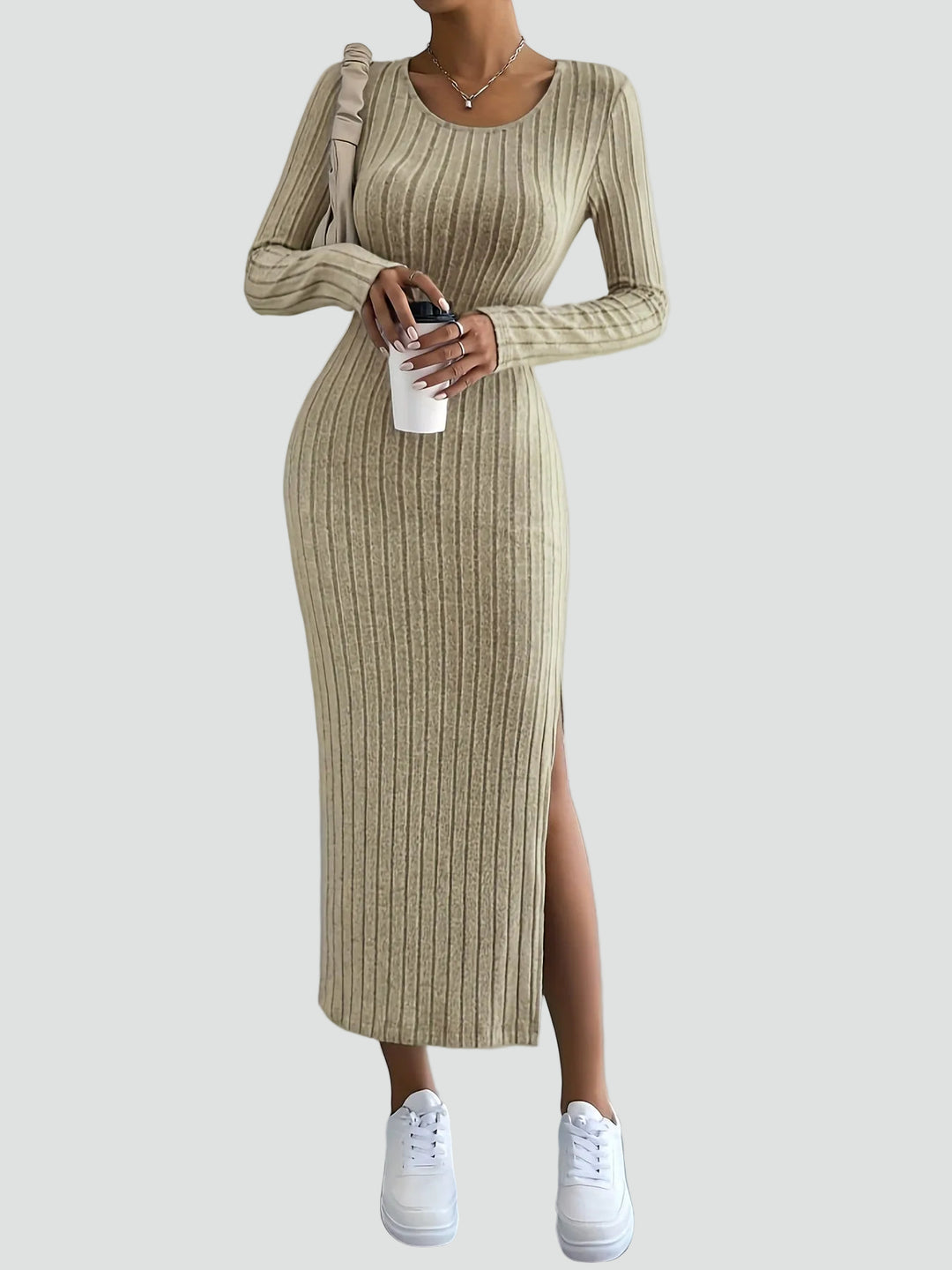 Geribbelde maxi feestjurk met split