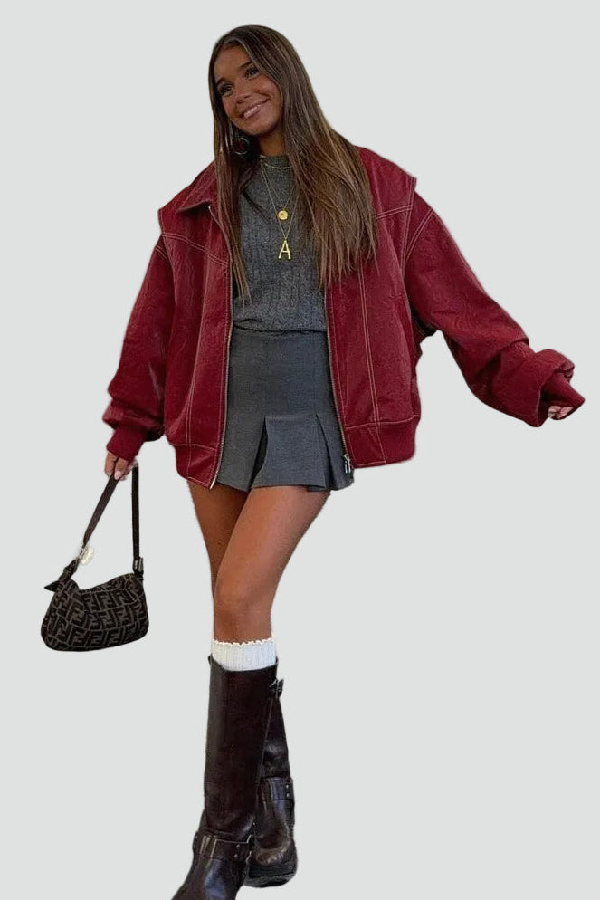 Women's oversized bomber jacket with zipper and pockets for everyday wear