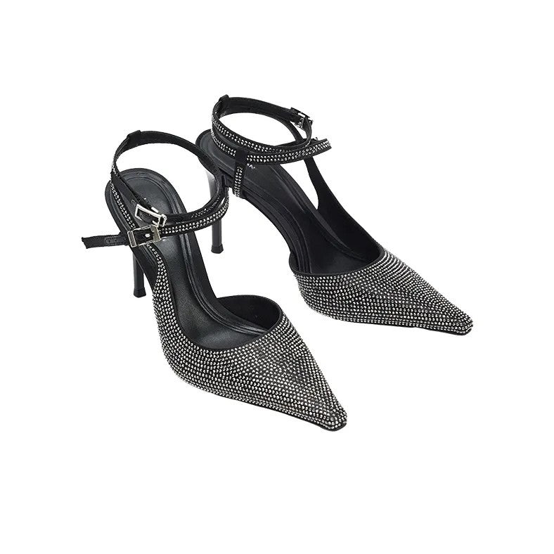 Elegant women's high heels with ankle strap and rhinestone decoration
