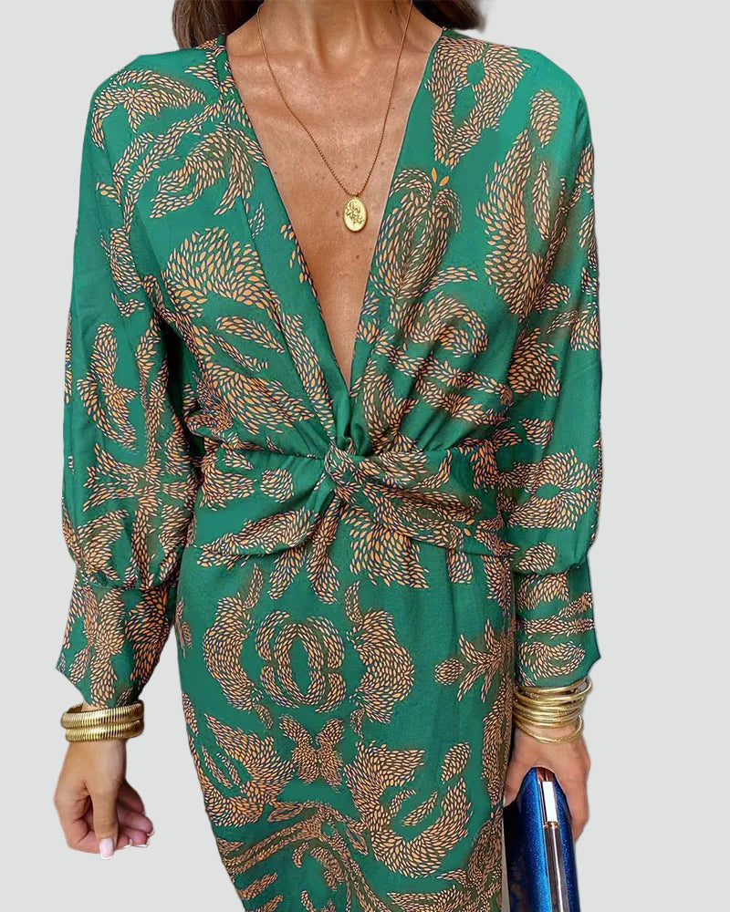 Damska sukienka midi koktajlowa kopertowa z długim rękawem