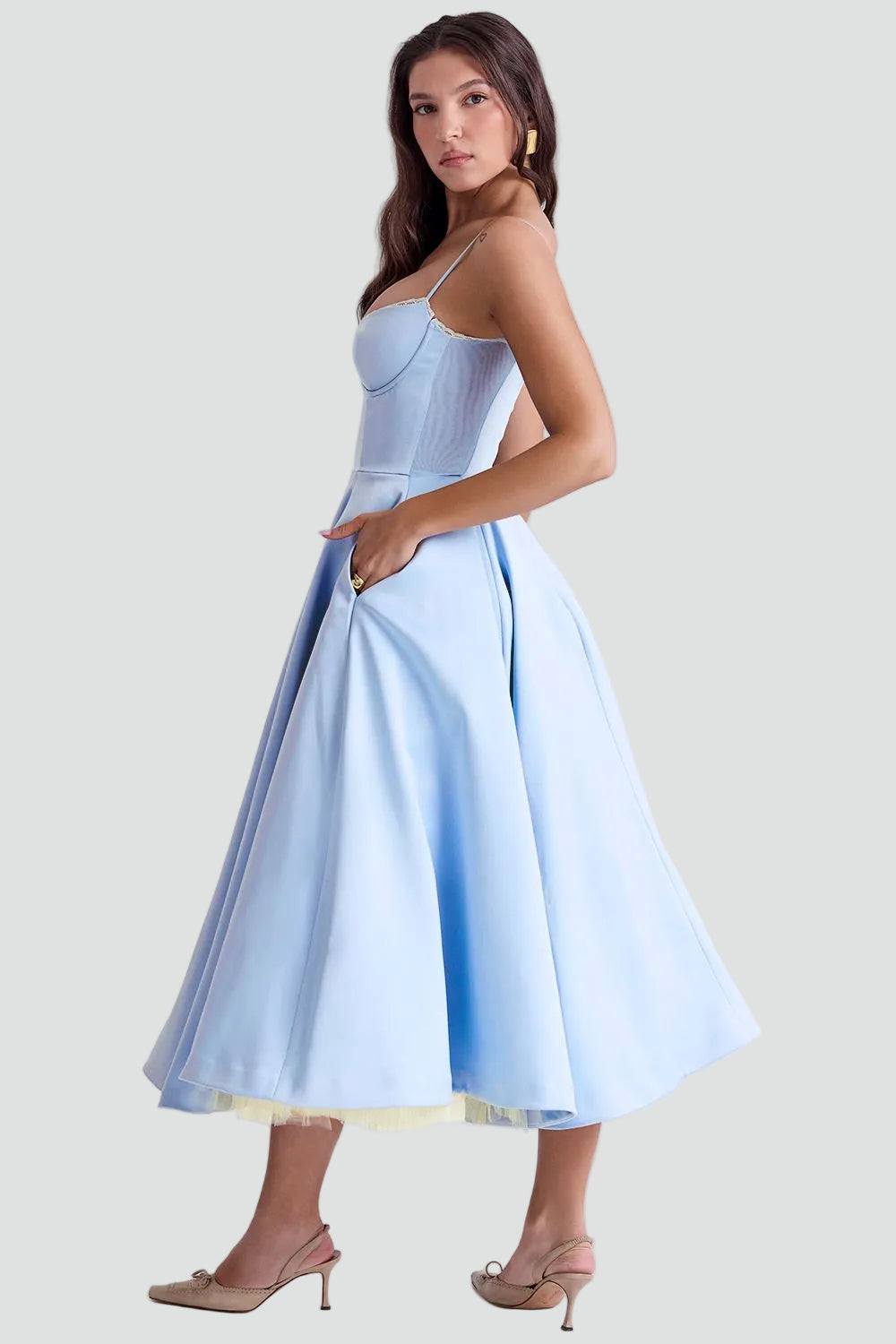 Elegancka sukienka koktajlowa midi damska z gorsetową górą