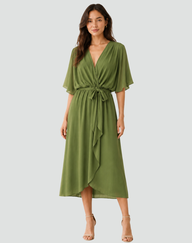 Flowy midi gala dress with a wrap neckline and tie