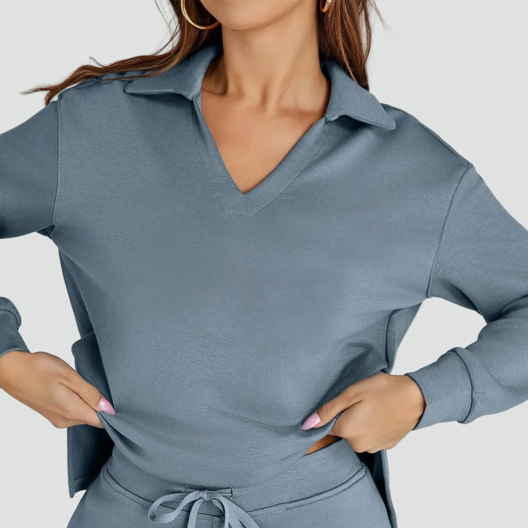 Zestaw homewear damski z kołnierzykiem i szerokimi spodniami