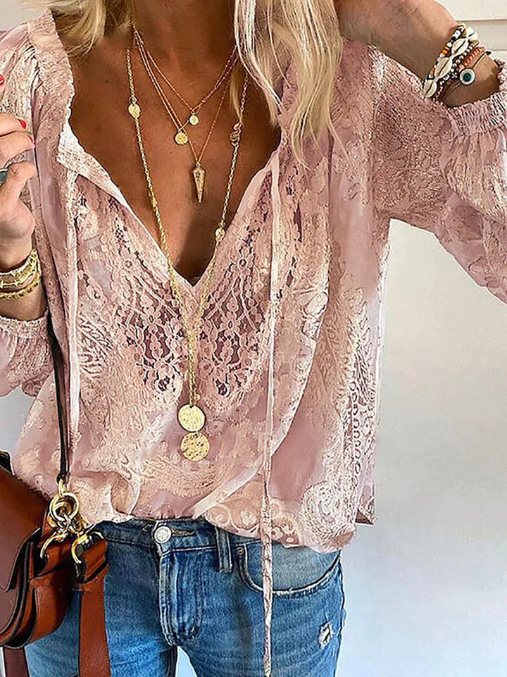 Women's boho lace blouse with tie and V-neck