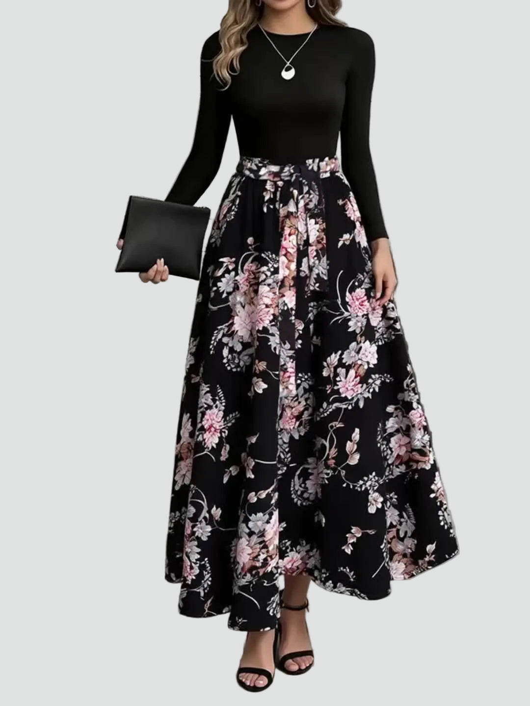 Romantyczna sukienka maxi party z paskiem i długim rękawem